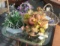 horn of plenty fruit arrangement, flower basket with playing cards, flower basket with violets, cera