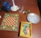 Group of mixed items, checker board, framed three bears shadow box, aluminum dish, 2 weights for a b