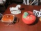 Apple cookie jar, casserole dish on a folding casserole holder, ceramic musical rocking horse