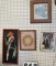 Group of small pictures, including feather art bird, 3 singers, and a rabbit
