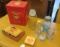 Cigar box, jingle bells, cookie cutter assortment, vintage jars, vintage tin