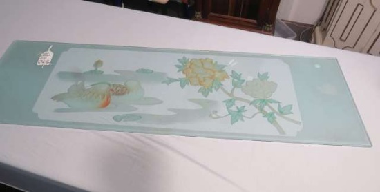 sand blasted yellow rose floral pattern etched window glass 47 x 14  x 3/8"
