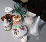 group of glassware, milk glass tooth pick holder, bell, Bavarian China, candle holders, napkin rings