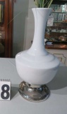 mid century vase with chrome stand and artificial flowers