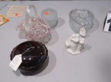 mixed glass pieces pressed glass lidded heart, glass basket, lidded cranberry compote frog figure