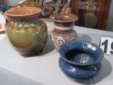 pottery spittoon, 2 pottery vases