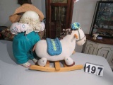 plush rocking horse and standing grandma doll