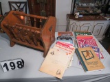 wood magazine rack with vintage music books