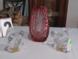 clear glass turkey salt and pepper, cranberry vase