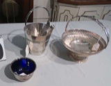 silver ice bucket with tongs, silver plate bread basket