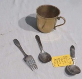 2 baby spoons fork and nickel plated silver baby cup