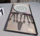 Limoges plate and silver plate pie server and 6 forks