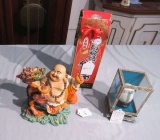 Budda figure, oriental hand painted egg, unopened wine bottle