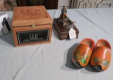 cigar box, wood Dutch shoes, vintage ash tray music box