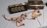 early wood box with coin inlays, set of gold plated coaster, 2 strings of brass bells