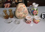 mixed glassware mugs punch cups brown glass vases, oriental compote, floral pitcher
