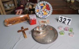 mixed lot decorator plate, coke tin, serving tray, alum tray , baby rattles, cross,