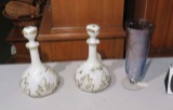 2 milk glass barbers bottles and etched glass vase