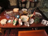 table top lot of glassware collector plates, playing cards and mixed items