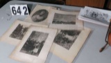 mixed old lithographs and drawings of Stetson University with metal magazine rack