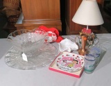 mixed glass items bowl serving platter, snoopy dish milk glass nut tray red wheel barrow, Noah's are