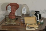 Swedish vase, perfume bottles, lidded box, lipstick set, signed Italian sculpture, napkin holders,