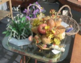 horn of plenty fruit arrangement, flower basket with playing cards, flower basket with violets, cera