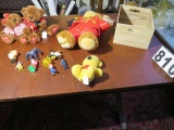 Mixed plush toys, pooh bear, teddy precious, Sonny and Cher, small action figures, wood crate