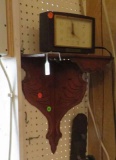 Vintage wood wall shelf and metal candle holder, vintage clock