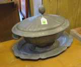 Vintage pewter tray and tureen with lid