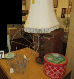 Wire heart basket, turned wood table lamp, vintage cookie tin