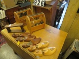 Group of 2 show shine boxes, wood shoe formers, foot stand,