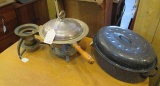 Chafing dish with 2 burners, porcelain turkey roaster