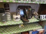 Tea pot, cobblers bench shoes, blender base, silver tray, 2 thermos bottles