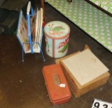 2 metal card files, magazine rack with old magazines, popcorn tin, empty metal tool box, Christmas t
