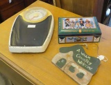 Body weight scale, tin box, welcome sign