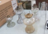 group of 4 mixed oil lamp bases and 3 chimneys