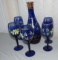 hand painted cobalt wine service bottle and 5 stems