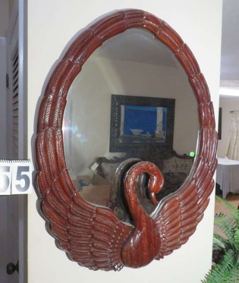mahogany framed ornately carved swan mirror