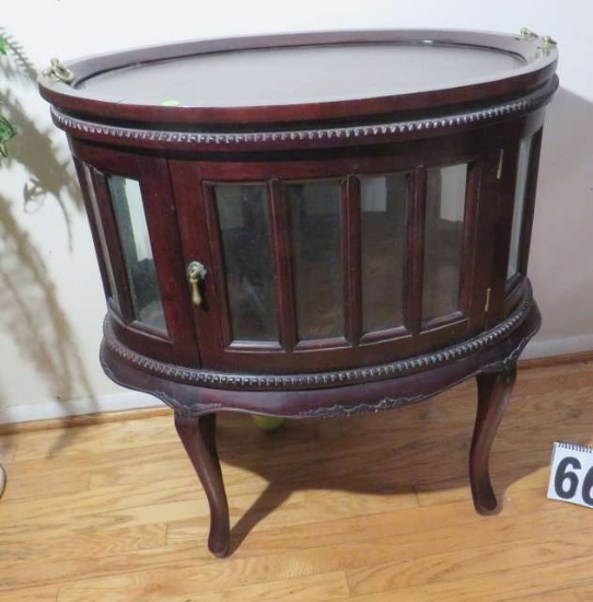 Victorian style  mahogany glass display side tables with removable trays  28" x 20" x 30"