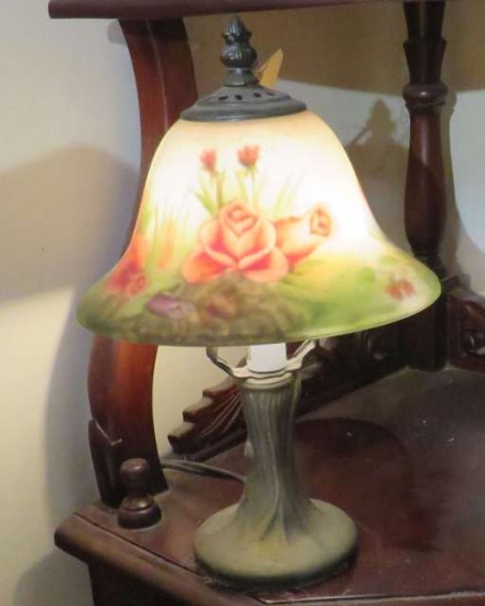 rose decorated glass lamp shade on pewter lamp base 10" high