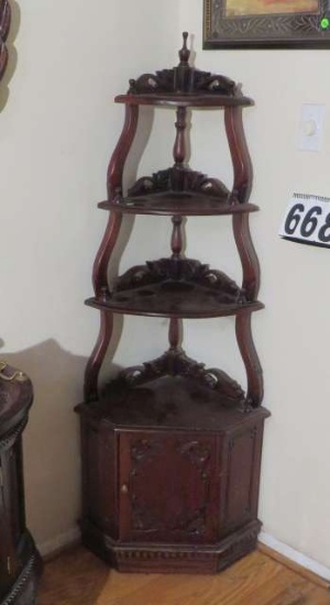 ornately carved mahogany corner shelf cabinet 17" x 17" x 59" high