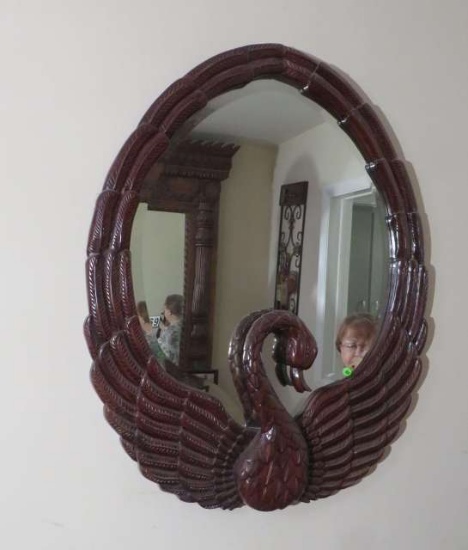 mahogany framed ornately carved swan mirror  31" x 41"