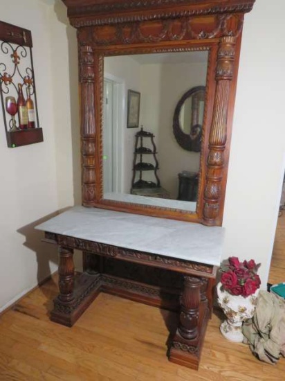 2 piece walnut carved massive side table with mirror and marble top 50" w x 23 x 95" high (mirror al