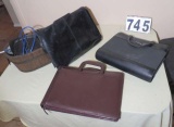 wood basket and 3 leather brief cases