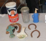 mixed collectibles Quaker canister, horse shoes soap dispenser