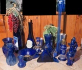 cobalt vases, perfume bottle, decanter and bottles