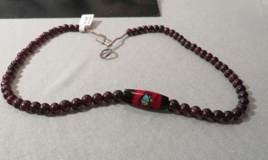 Garnet, necklace Red, dark Round Oval glass in Middle 18”