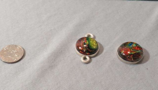 dichroic glass Brown, yellow Round set in  Sterling silver bezels