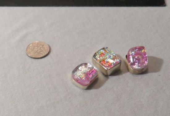 Glass, dichroic Pink, yellow Rectangle Sterling silver bezel